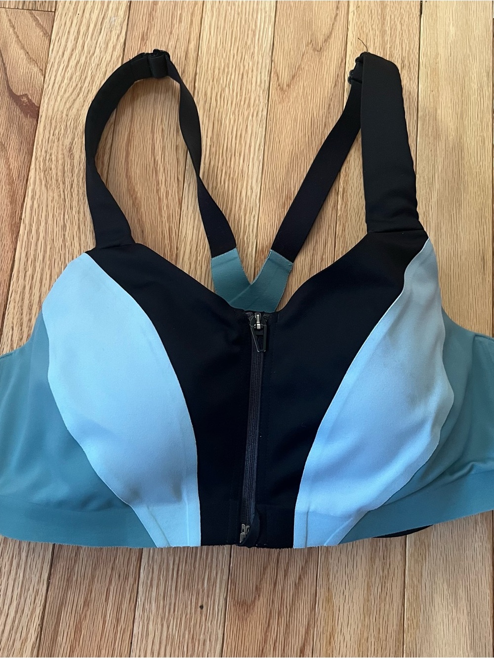 Victoria's Secret On Point Zip Front Sports Bra 36D Blue Black High Impact Gym